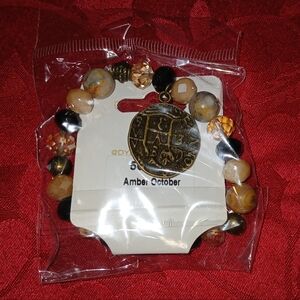 Amber Beaded Stretch Bracelet w/ Vintage-Style Pirate Coin Charm